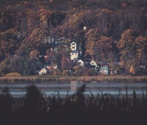 Preview wallpaper lake, forest, buildings, view, dark