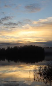 Preview wallpaper lake, forest, fog, clouds, sunset, reflection, sky, nature, dark