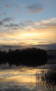 Preview wallpaper lake, forest, fog, clouds, sunset, reflection, sky, nature, dark