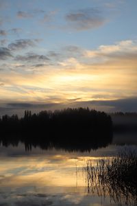 Preview wallpaper lake, forest, fog, clouds, sunset, reflection, sky, nature, dark