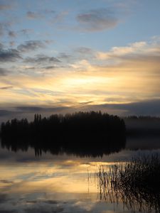 Preview wallpaper lake, forest, fog, clouds, sunset, reflection, sky, nature, dark