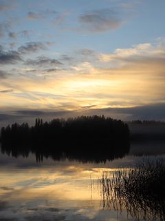 240x320 Wallpaper lake, forest, fog, clouds, sunset, reflection, sky, nature, dark