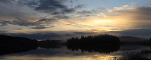 Preview wallpaper lake, forest, fog, clouds, sunset, reflection, sky, nature, dark