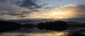Preview wallpaper lake, forest, fog, clouds, sunset, reflection, sky, nature, dark