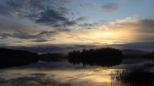 Preview wallpaper lake, forest, fog, clouds, sunset, reflection, sky, nature, dark