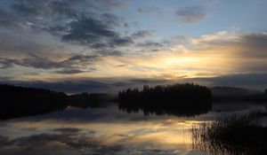 Preview wallpaper lake, forest, fog, clouds, sunset, reflection, sky, nature, dark