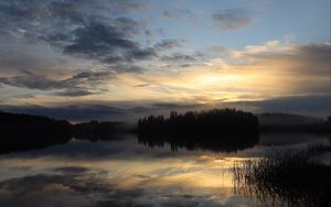 Preview wallpaper lake, forest, fog, clouds, sunset, reflection, sky, nature, dark