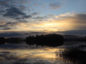 Preview wallpaper lake, forest, fog, clouds, sunset, reflection, sky, nature, dark