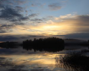 Preview wallpaper lake, forest, fog, clouds, sunset, reflection, sky, nature, dark