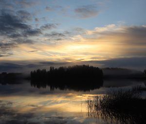 Preview wallpaper lake, forest, fog, clouds, sunset, reflection, sky, nature, dark