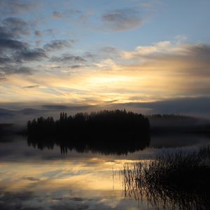 Preview wallpaper lake, forest, fog, clouds, sunset, reflection, sky, nature, dark