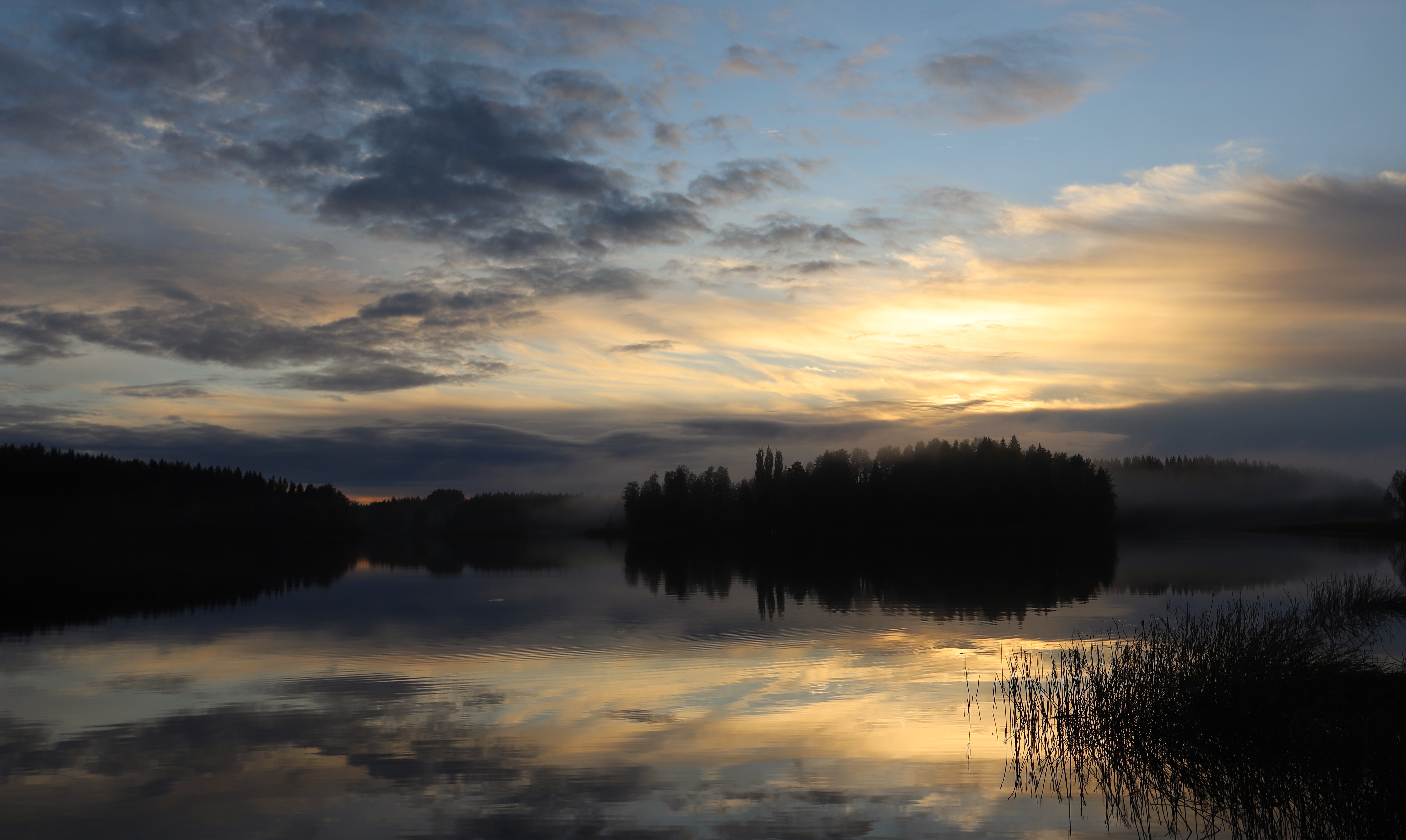 5912x3533 Wallpaper lake, forest, fog, clouds, sunset, reflection, sky, nature, dark
