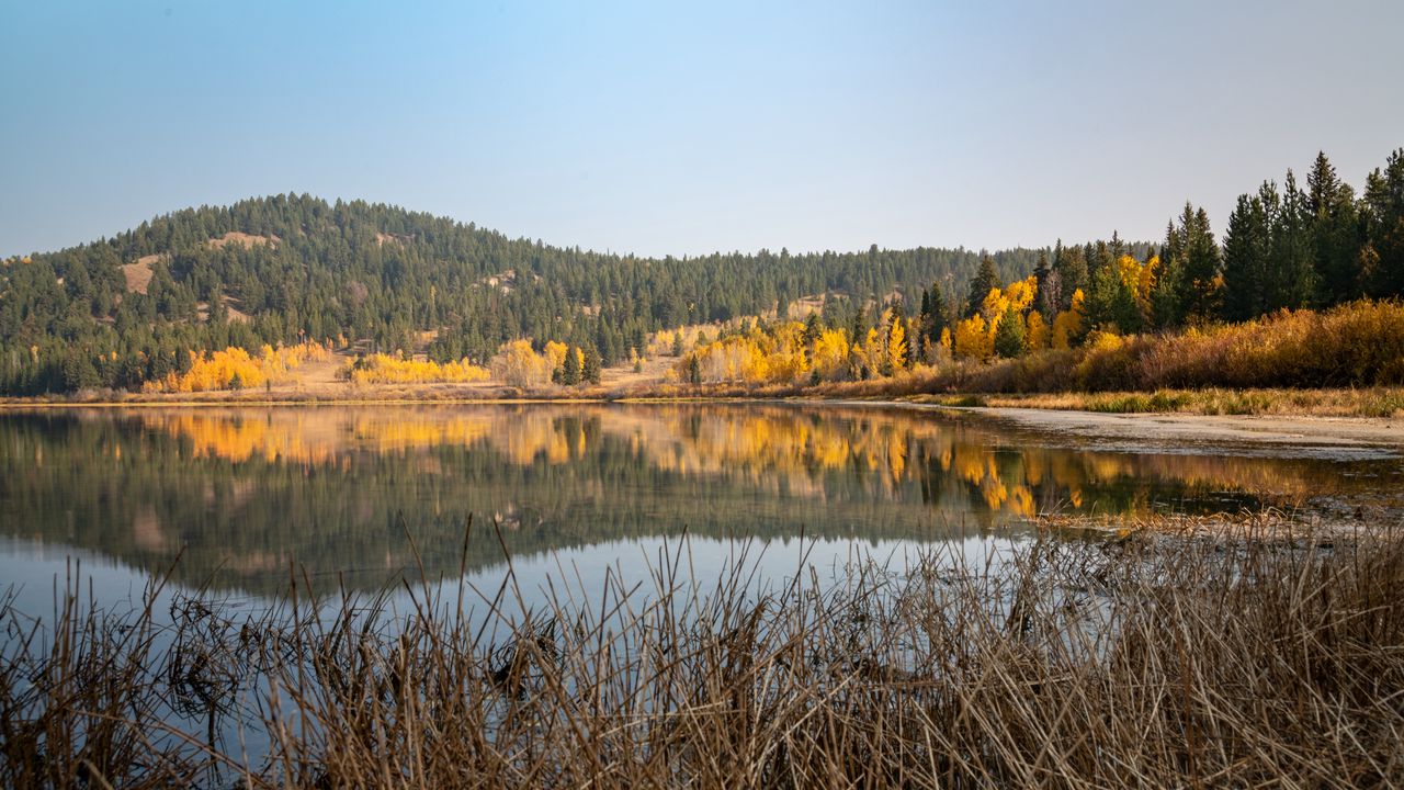 Wallpaper lake, forest, hills, landscape, autumn