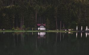 Preview wallpaper lake, forest, house, trees, shore