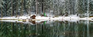 Preview wallpaper lake, forest, house, snow, landscape, solitude
