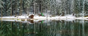 Preview wallpaper lake, forest, house, snow, landscape, solitude