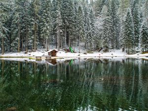 Preview wallpaper lake, forest, house, snow, landscape, solitude