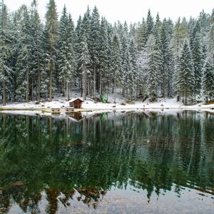 Preview wallpaper lake, forest, house, snow, landscape, solitude