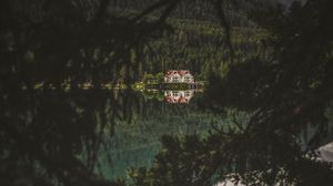 Preview wallpaper lake, forest, house, branches, dark