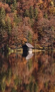 Preview wallpaper lake, forest, hut, autumn, nature
