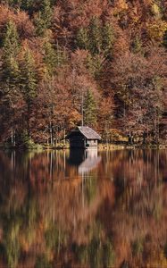 Preview wallpaper lake, forest, hut, autumn, nature