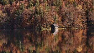 Preview wallpaper lake, forest, hut, autumn, nature