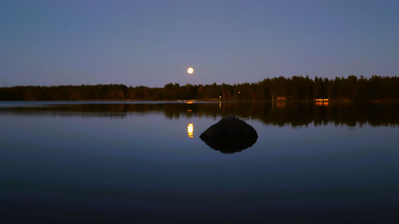 Wallpaper lake, forest, moon, evening, landscape