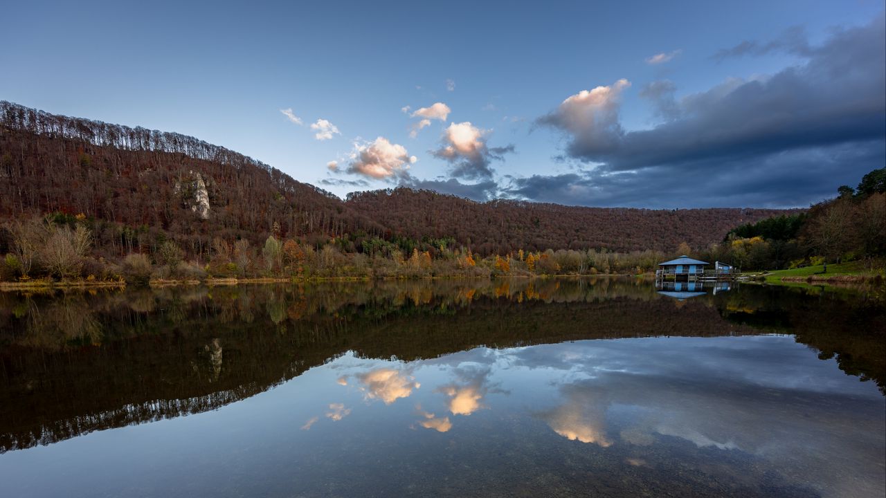 Wallpaper lake, forest, mountains, gazebo, reflection