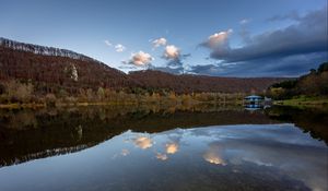 Preview wallpaper lake, forest, mountains, gazebo, reflection