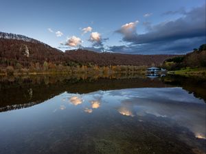 Preview wallpaper lake, forest, mountains, gazebo, reflection