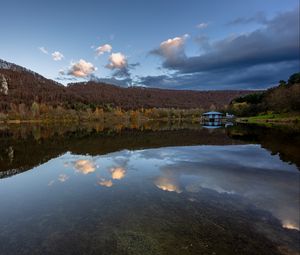 Preview wallpaper lake, forest, mountains, gazebo, reflection