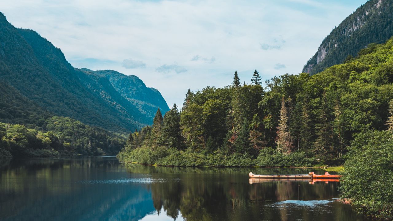 Wallpaper lake, forest, mountains, landscape, shore, trees