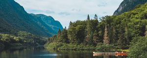 Preview wallpaper lake, forest, mountains, landscape, shore, trees