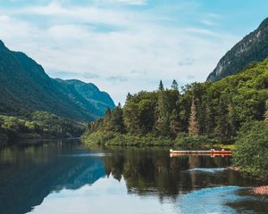 Preview wallpaper lake, forest, mountains, landscape, shore, trees