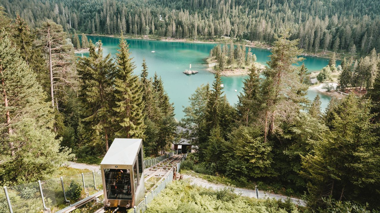 Wallpaper lake, forest, mountains, funicular, landscape