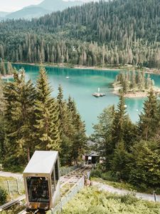 Preview wallpaper lake, forest, mountains, funicular, landscape