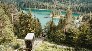 Preview wallpaper lake, forest, mountains, funicular, landscape