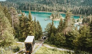Preview wallpaper lake, forest, mountains, funicular, landscape