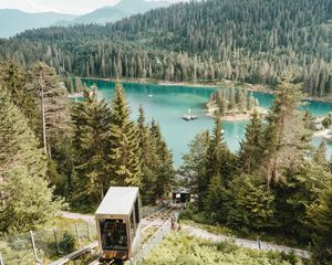 Preview wallpaper lake, forest, mountains, funicular, landscape