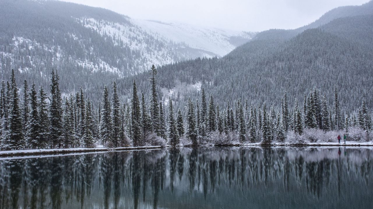 Wallpaper lake, forest, mountains, snow, landscape