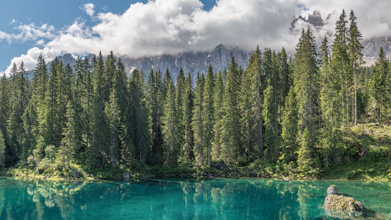 Wallpaper lake, forest, mountains, clouds, water, trees, landscape
