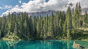 Preview wallpaper lake, forest, mountains, clouds, water, trees, landscape