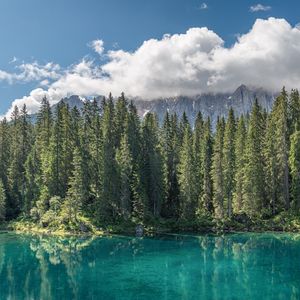 Preview wallpaper lake, forest, mountains, clouds, water, trees, landscape