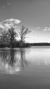 Preview wallpaper lake, forest, reflection, clouds, black and white, nature