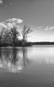 Preview wallpaper lake, forest, reflection, clouds, black and white, nature