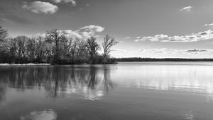 Preview wallpaper lake, forest, reflection, clouds, black and white, nature