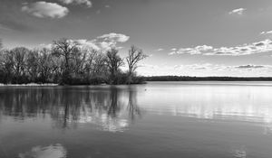 Preview wallpaper lake, forest, reflection, clouds, black and white, nature