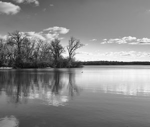 Preview wallpaper lake, forest, reflection, clouds, black and white, nature