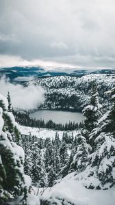 Preview wallpaper lake, forest, snow, aerial view, mountains, winter