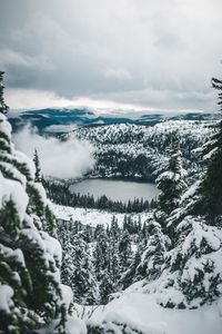 Preview wallpaper lake, forest, snow, aerial view, mountains, winter